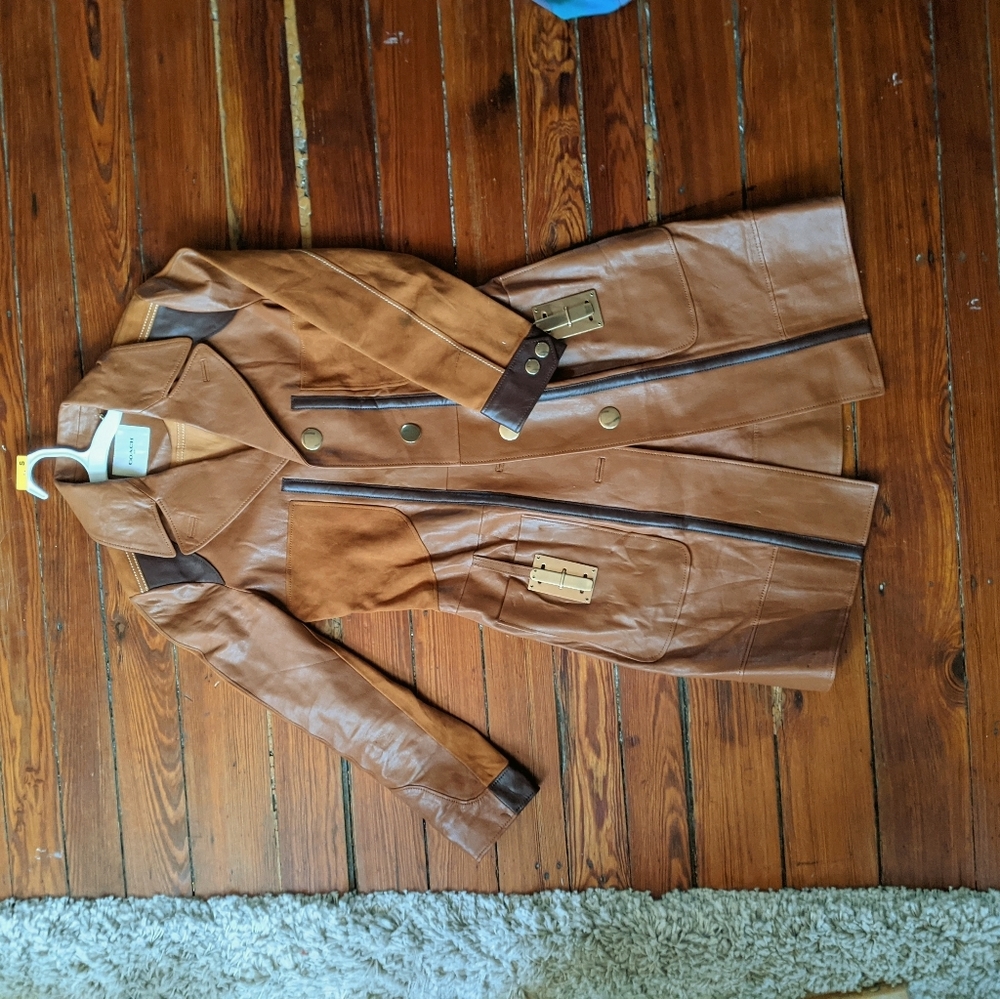 Coach brown leather and suede trenchcoat